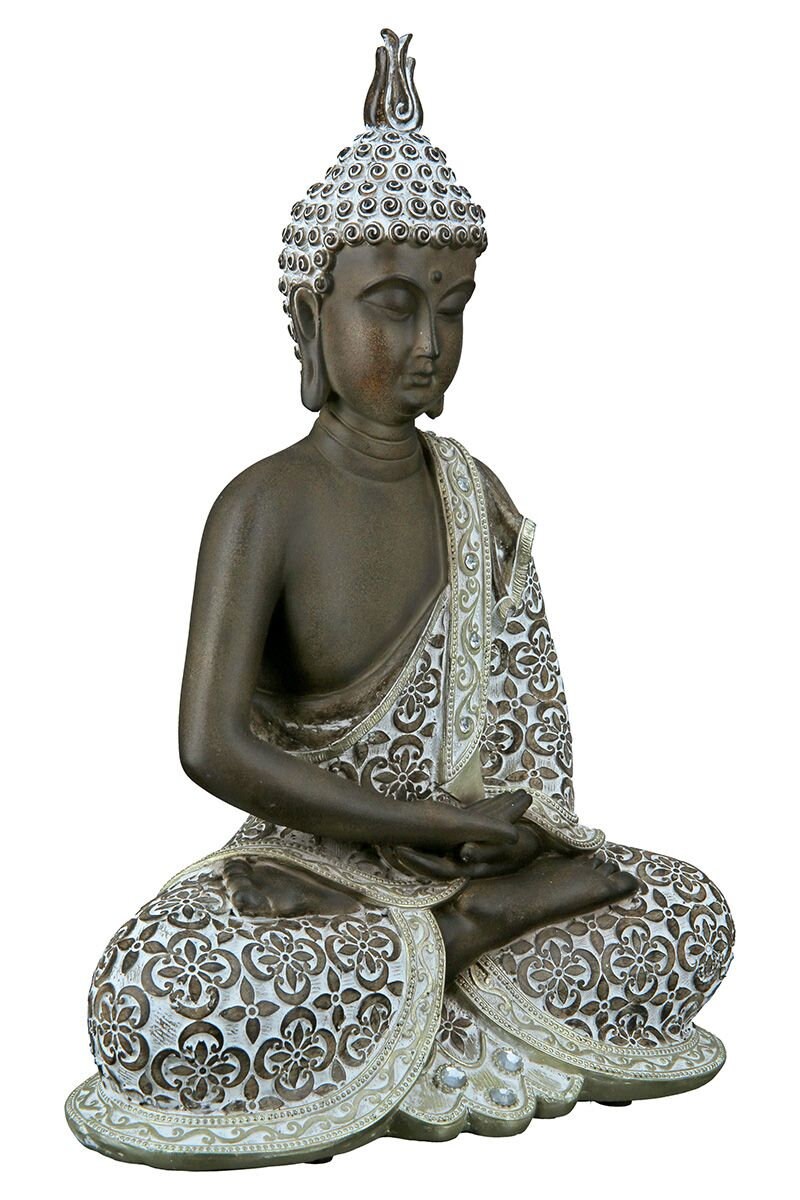 Buddha Figur sitzend MANGALA dunkelbraun weiß gewischt, mit Glasdeko 35 oder 29cm