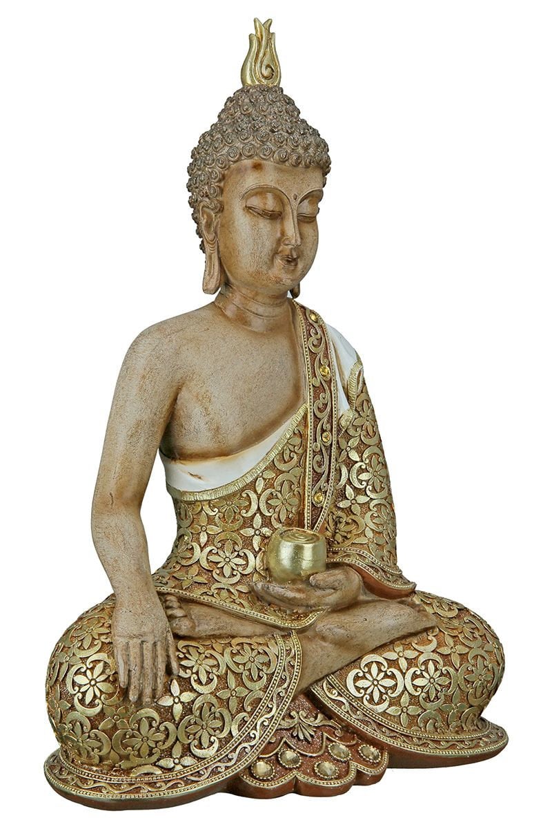 Buddha Figur sitzend MANGALA braun mit goldfarbenen Applikationen, mit Glasdeko 35 oder 29cm