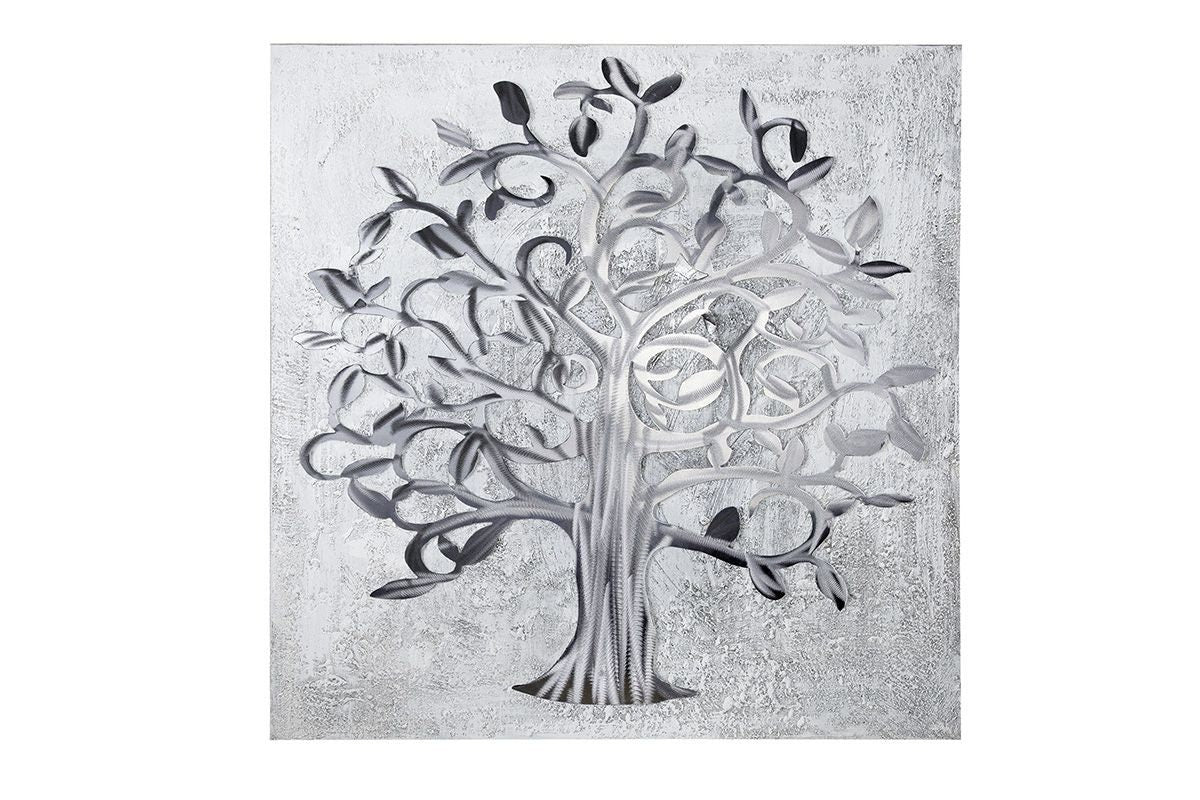 3D Bild „Lebensbaum“ grau/silberfarben mit 3D Elementen Wandbild Moderne Kunst handgemalt mit Aluminium-Elementen 90cm