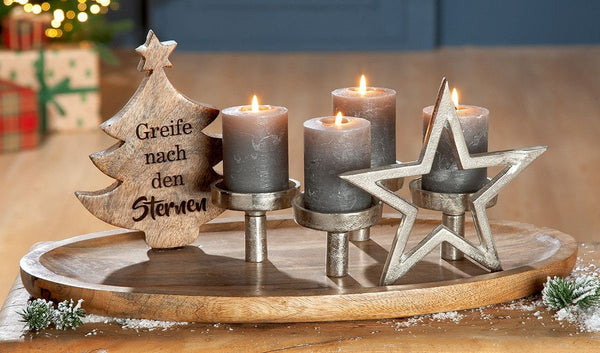 Exquisites Mangoholz Tablett 'Tannenbaum' - Eleganter Kerzenhalter für 4 Kerzen Weihnachtsdekorationen