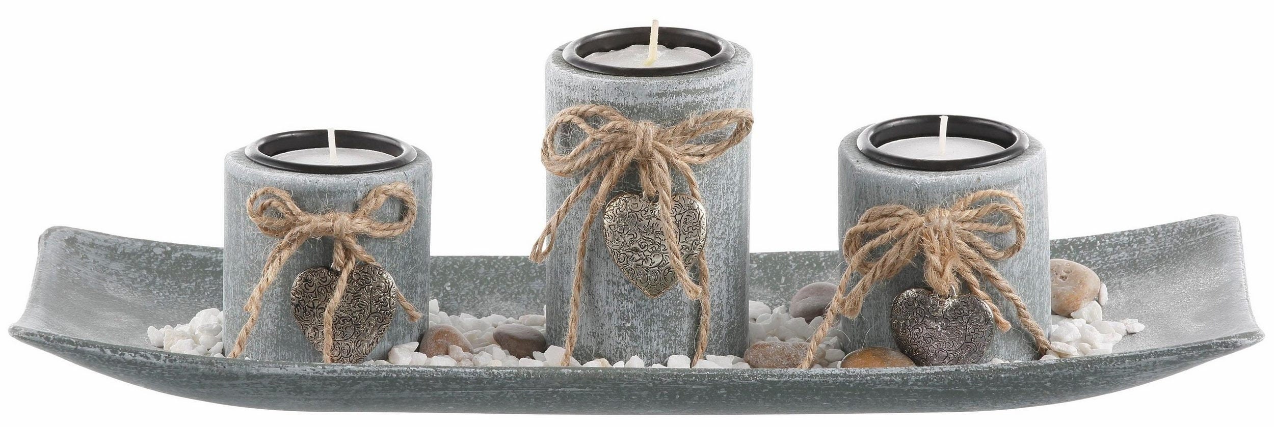 Stilvolle Holz-Dekoschale mit Kerzenhaltern und Dekosteinen für gemütliches Ambiente - MF