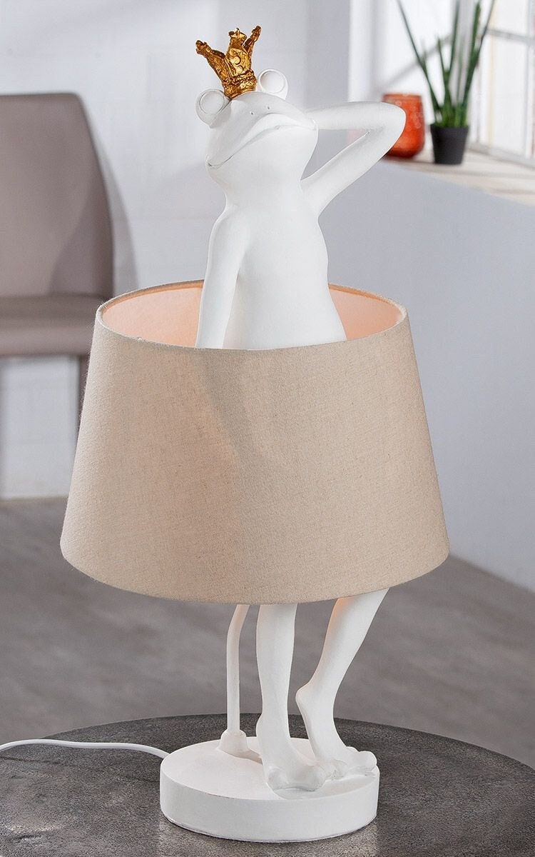 LED Tischlampe "Froschkönig" - Matt Weiß mit Beigem Lampenschirm