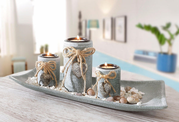 Stilvolle Holz-Dekoschale mit Kerzenhaltern und Dekosteinen für gemütliches Ambiente - MF