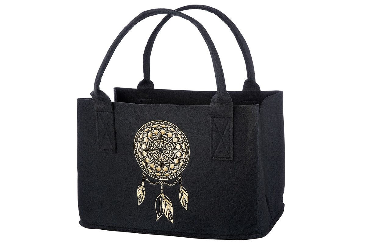 Filztasche in Schwarz Traumfänger Shopper Tragetasche, Handtasche, Geschenk, Einkaufstasche mit besticktem Motiv in goldfarben Filz