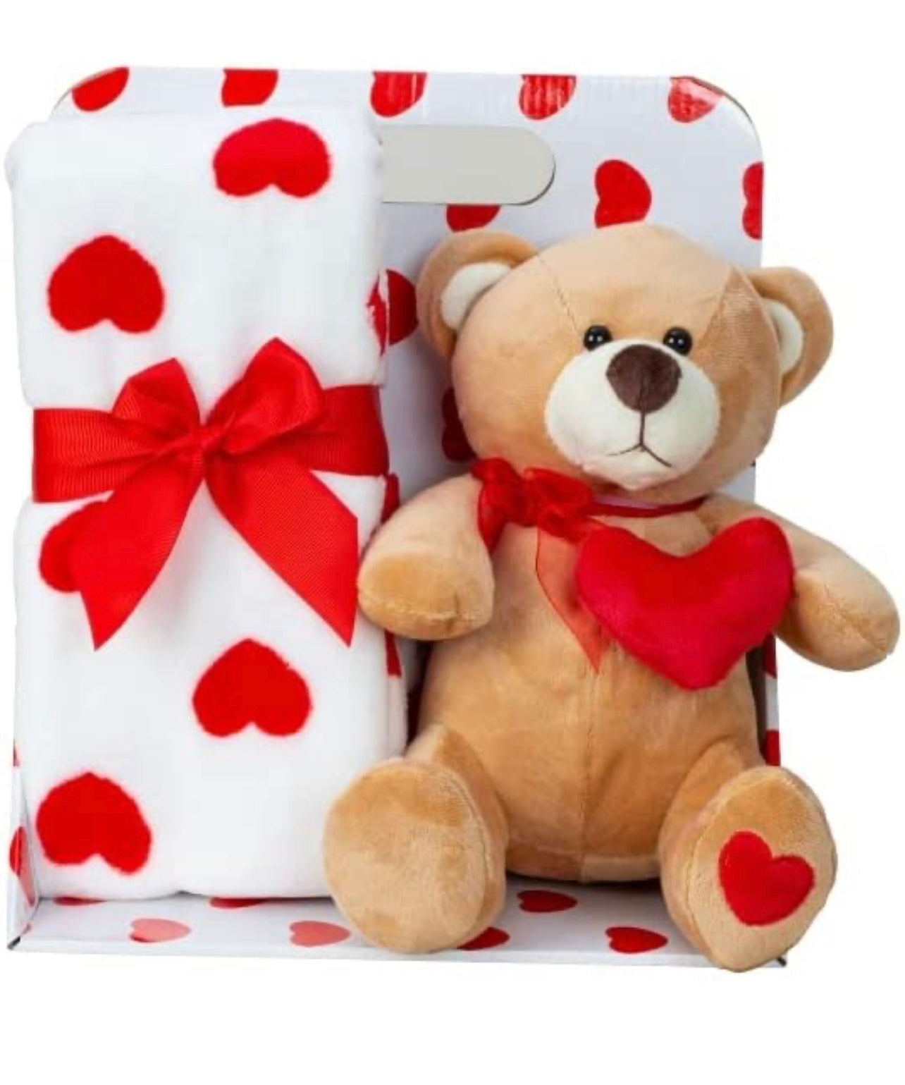 Plush teddy bear with heart with fleece blanket 90x75cm bear