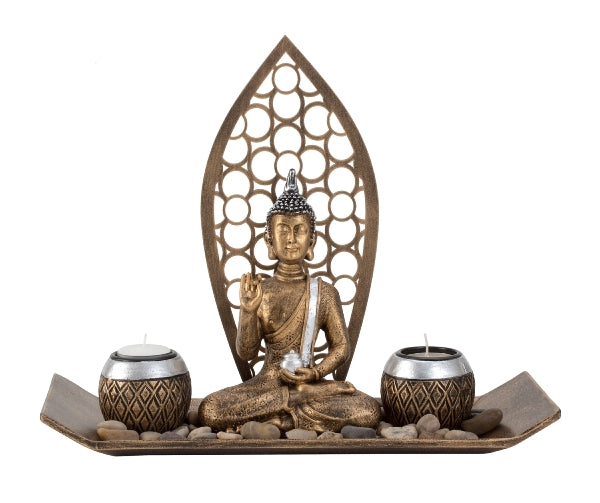 Buddha Set mit 2 Teelichthaltern, Schale, Buddha-Figur und Dekosteinen
