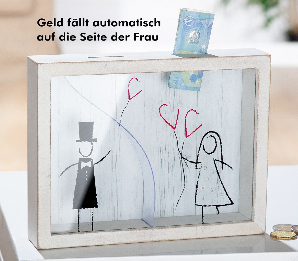 Spardose Amoretta Hochzeitspaar mit Sichtfenster MDF 22x17cm