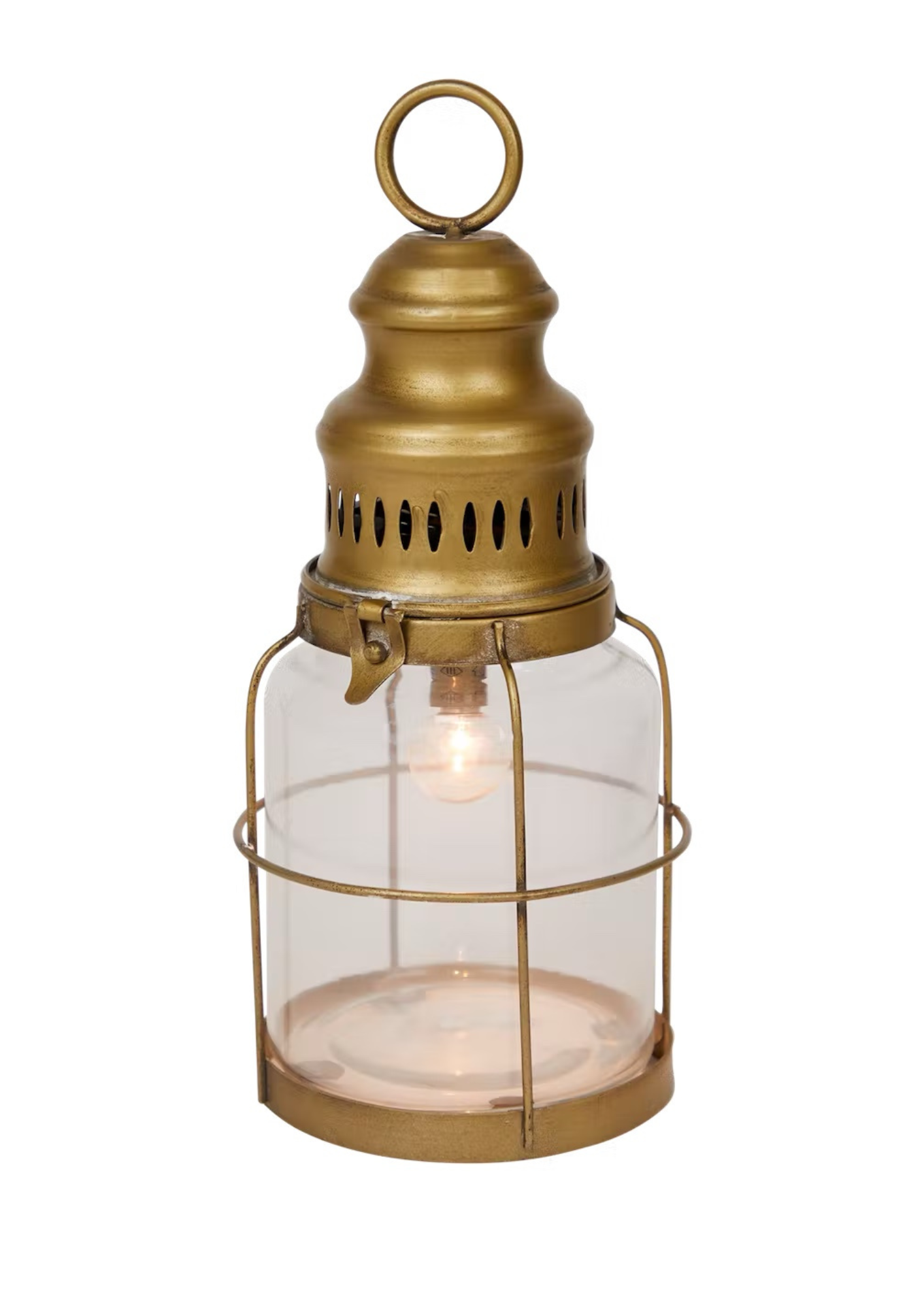Vintage gouden orkaan lantaarn met LED licht, decoratie in landelijke stijl