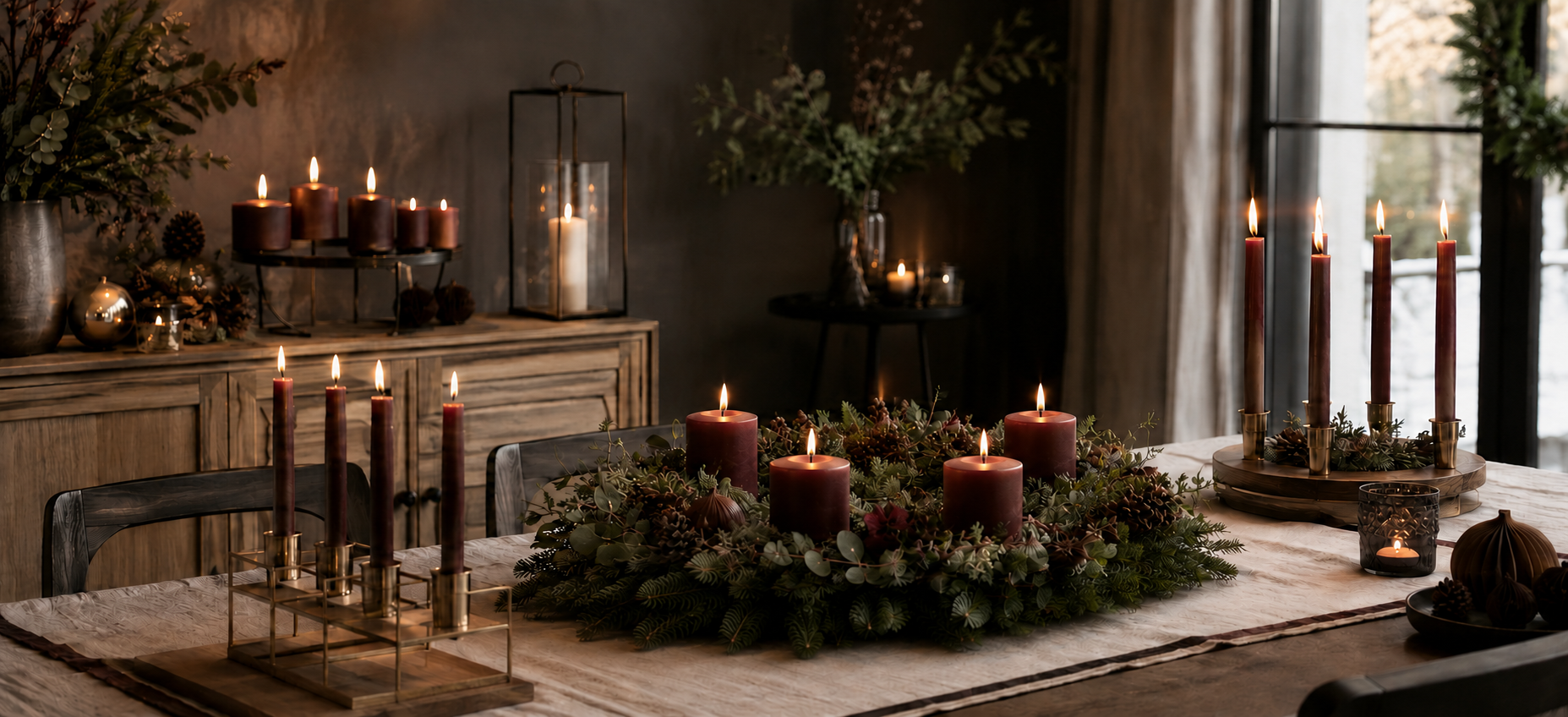 Adventskranz und Adventsleuchter mit burgunderroten Kerzen