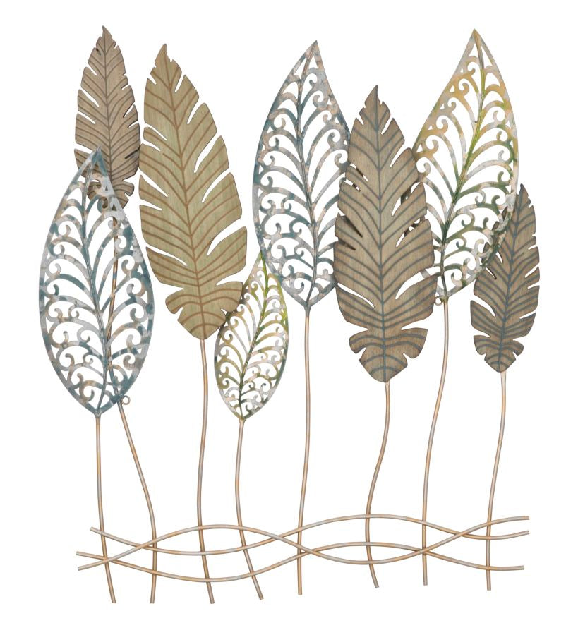 Forest Leaves Metall Holz Wandobjekt Modern Natur Design 87 cm