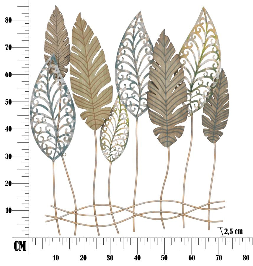 Forest Leaves Metall Holz Wandobjekt Modern Natur Design 87 cm