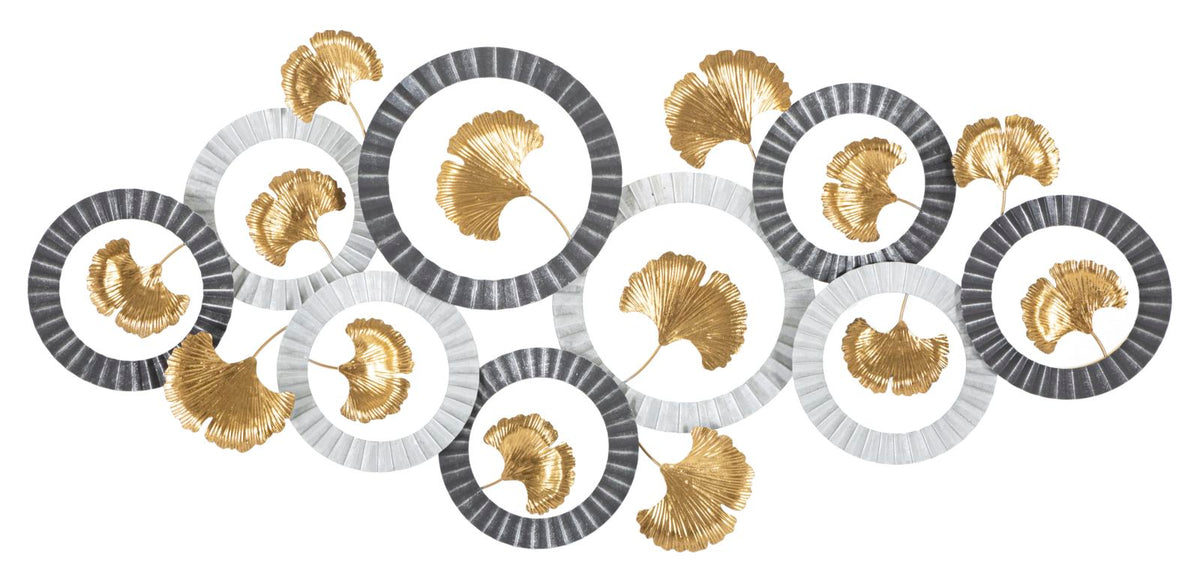 Wanddeko Ginkgo Metall Gold Silber mit Kreisdesign 126 cm
