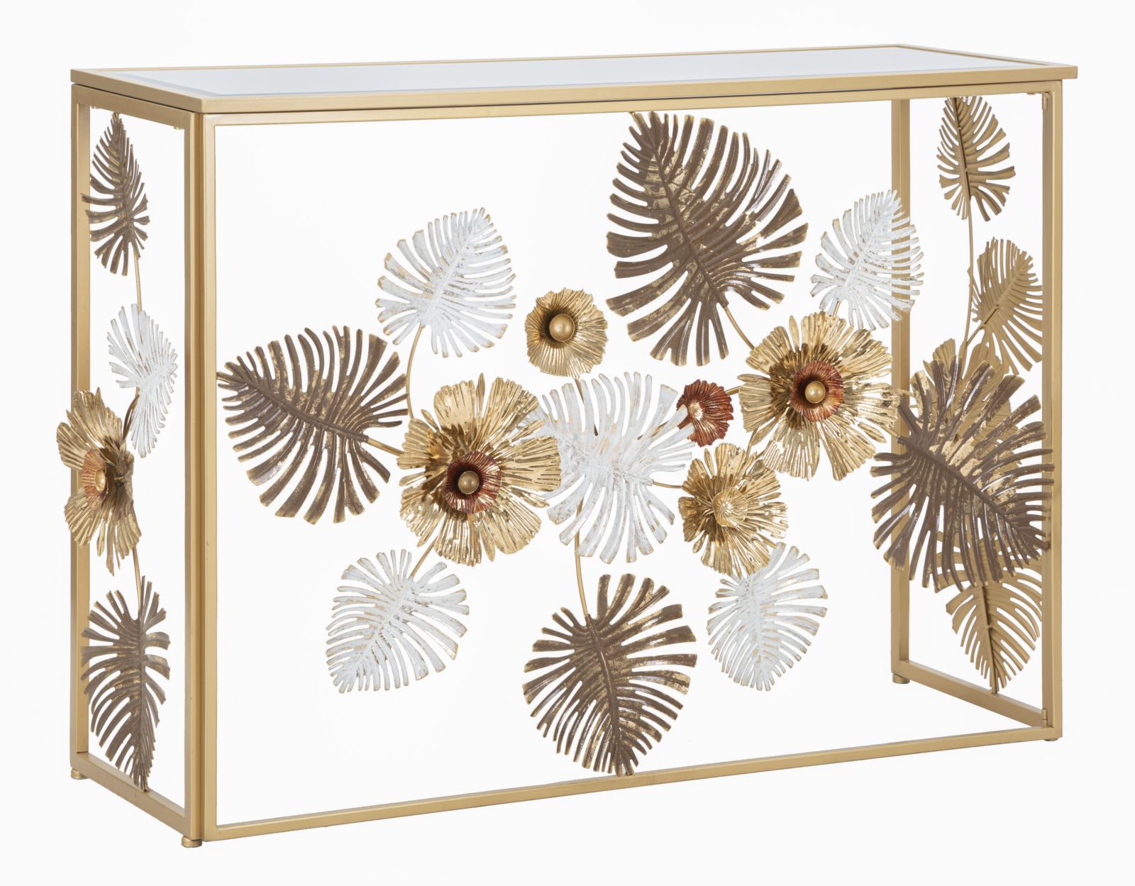 Konsole Floral Blattdesign Glasplatte Glam Floris Metall