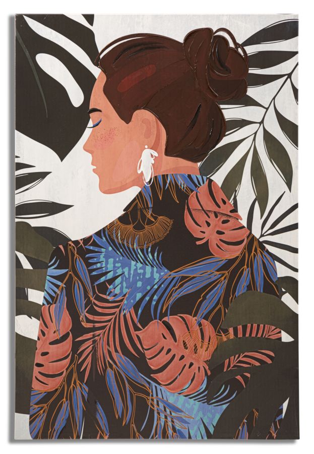 Wandbild Lady Jungle Frau mit Blättermotiv 80 x 120 cm