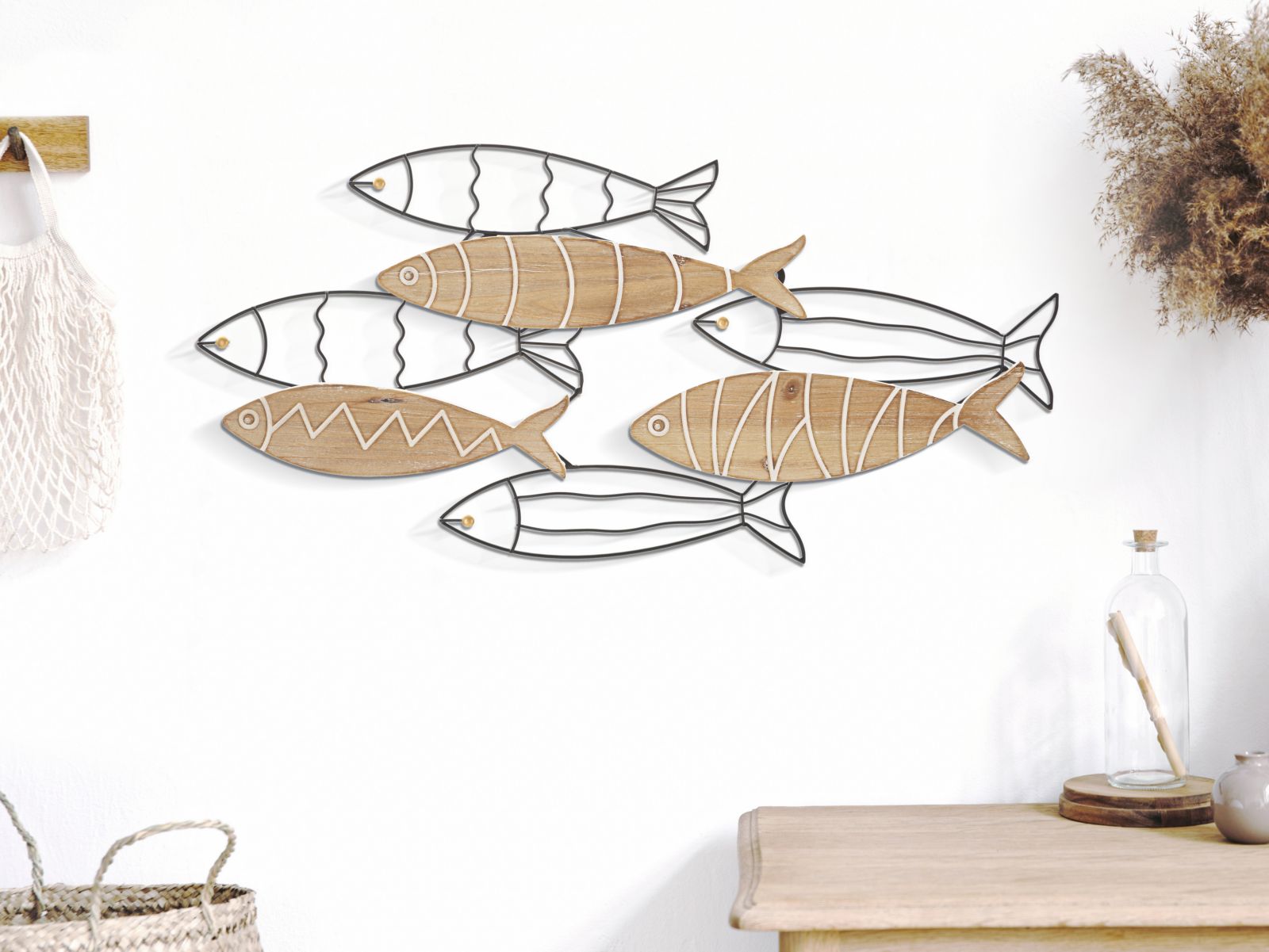 Wanddeko Fish Naturlook Metall Holz 60x30cm Boho Meer Stil