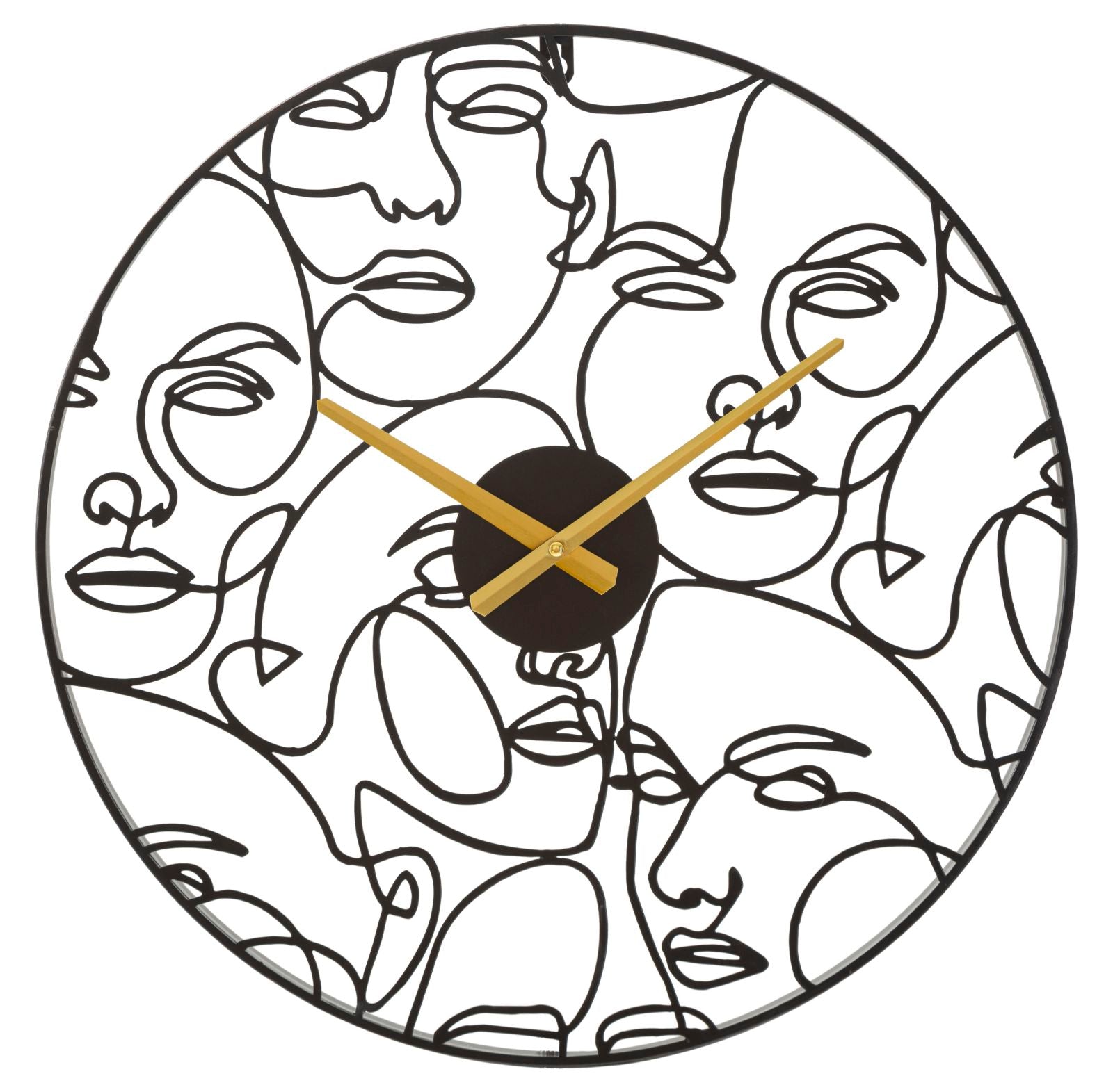 Faces Wanduhr 50 cm Moderne Wanduhr aus Metall mit Gesichtsdesign in Schwarz-Gold