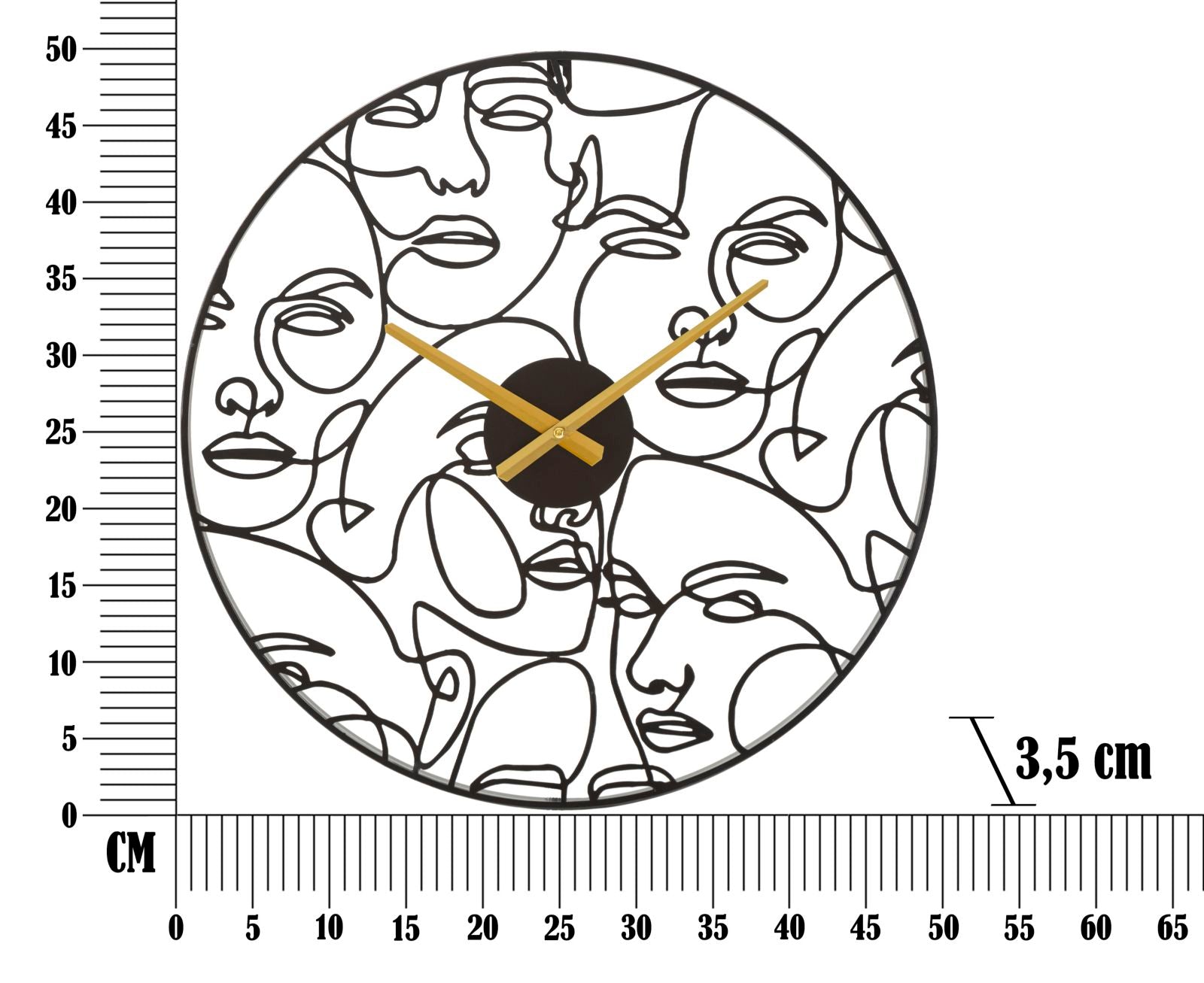 Faces Wall Clock 50 cm Modern metal wall clock with face design in black and gold