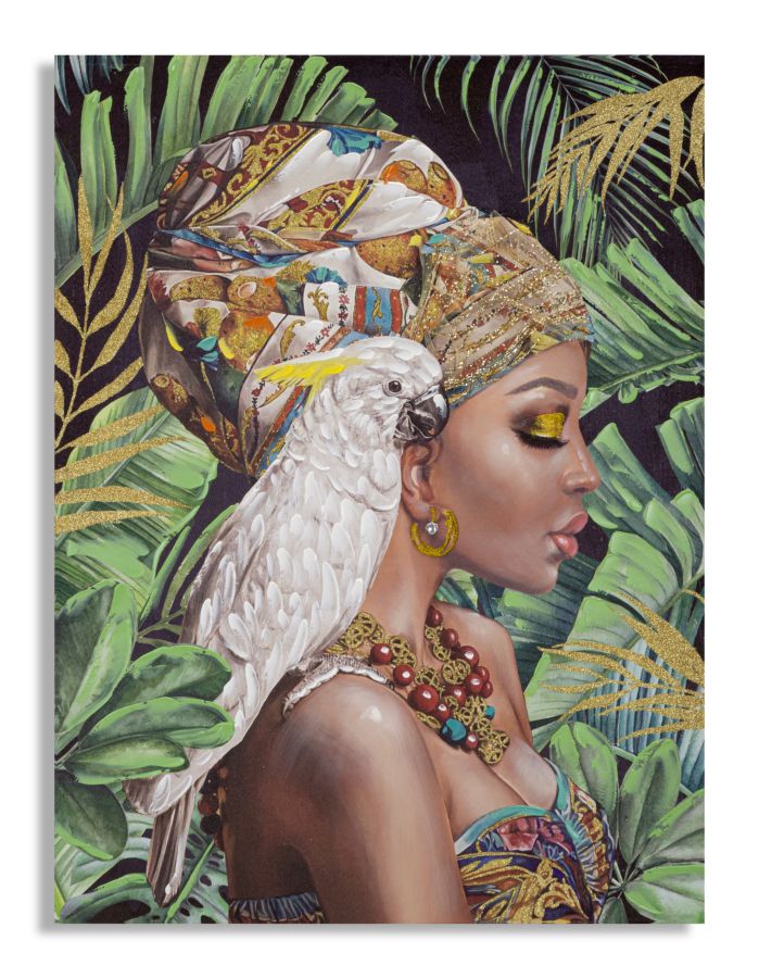 Wandbild Kloe Vertikal Leinwand Boho Chic Frau Papagei Gold 90X3X120