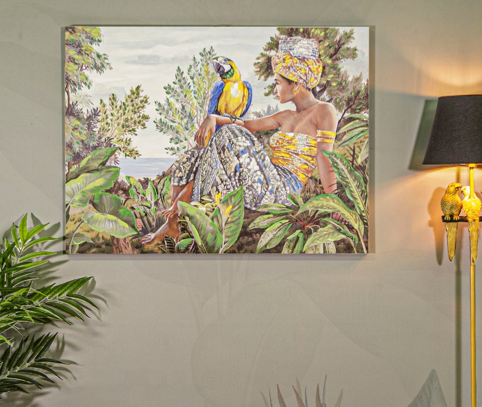 Wandbild Kenda Horizontal Leinwand Boho Chic Natur Frau Papagei 120x3x90cm