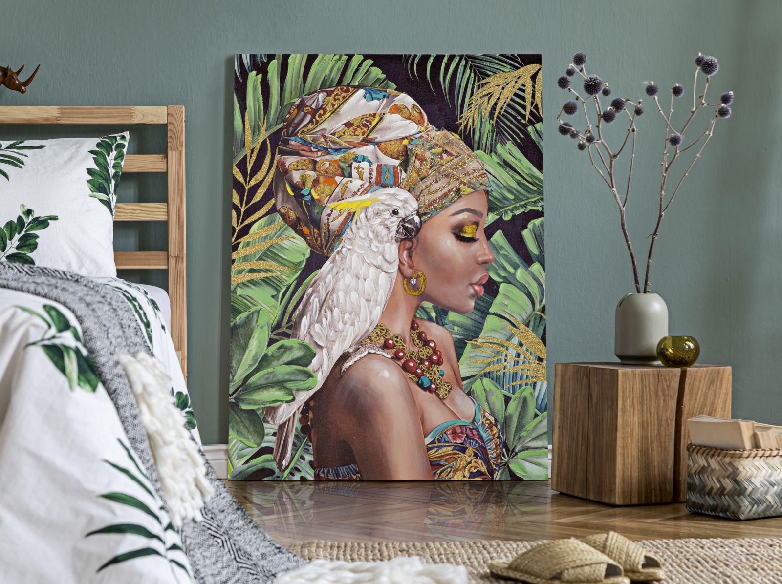 Wandbild Kloe Vertikal Leinwand Boho Chic Frau Papagei Gold 90X3X120