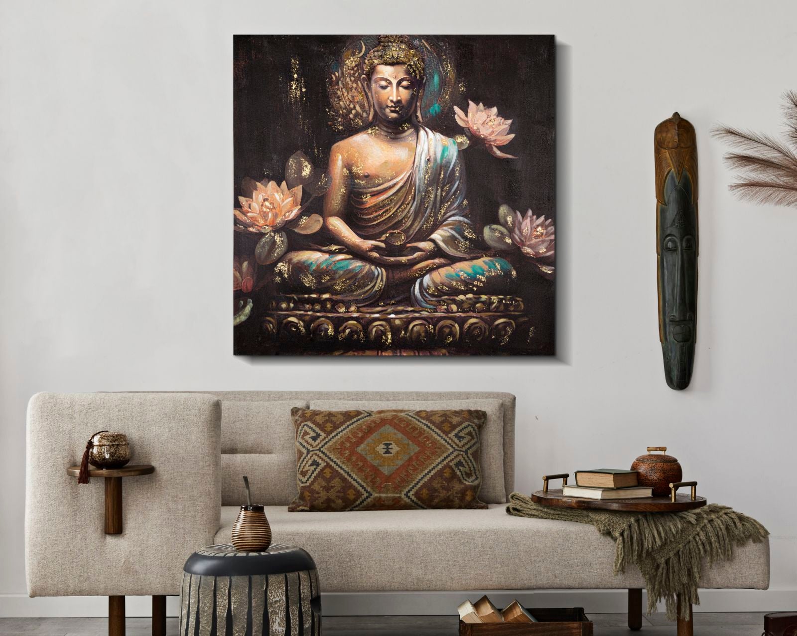 Wandbild Buddha A Leinwand Boho Chic Gold Lotus Dunkel 100X3X100cm