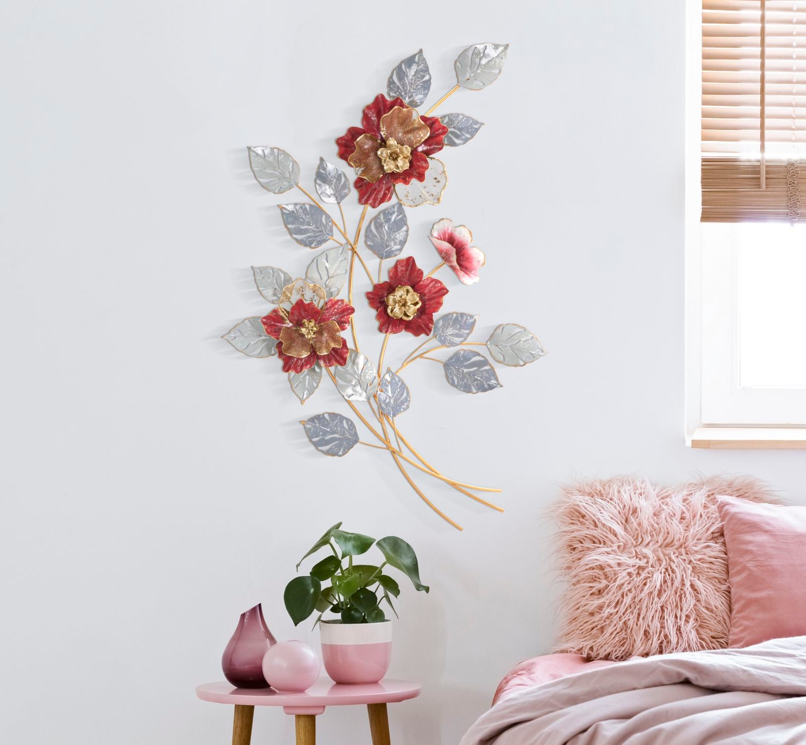 Wanddeko Lovis Blüten Metall Wandobjekt Rot Gold Silber 68x98cm