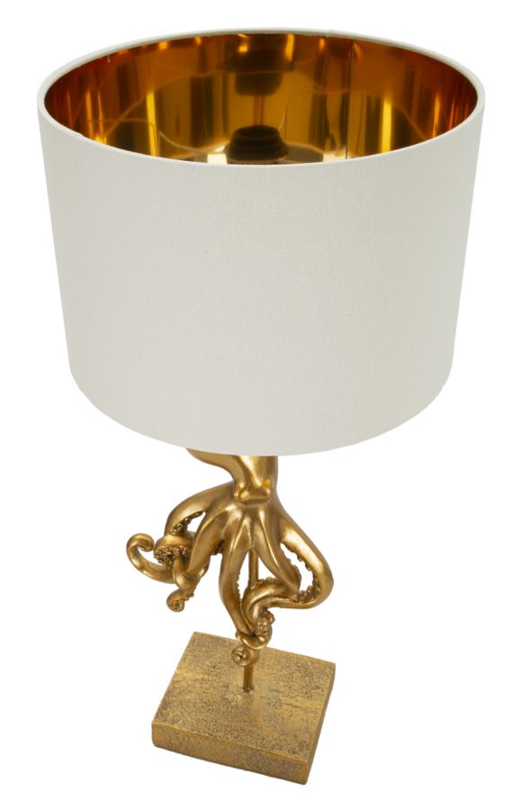 Oktopus Tischlampe Gold 64,5 cm mit Stoffschirm – Extravagantes Wohnaccessoire
