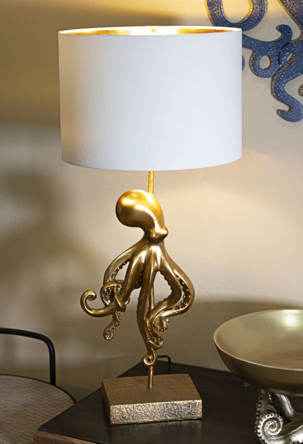 Oktopus Tischlampe Gold 64,5 cm mit Stoffschirm – Extravagantes Wohnaccessoire