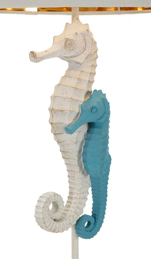 Seepferdchen Tischlampe 66 cm mit Stoffschirm in Weiß – Maritimes Wohnaccessoire