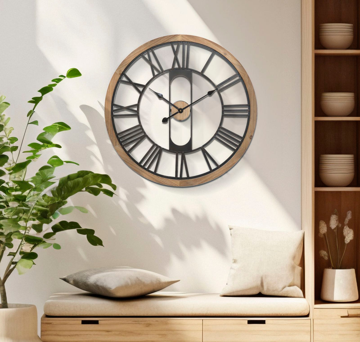 Ravenna Große Wanduhr Industrial Holzoptik Schwarz 70 cm