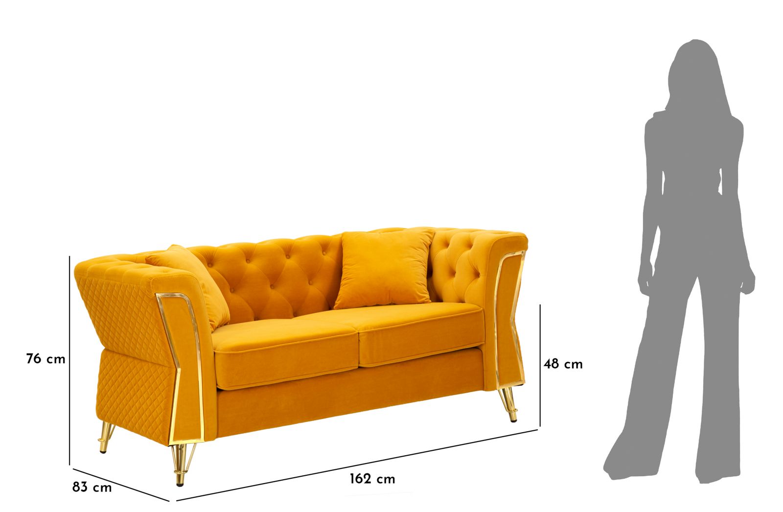 Samt Sofa Aurelia Senape 162 cm mit Kissen und Goldgestell