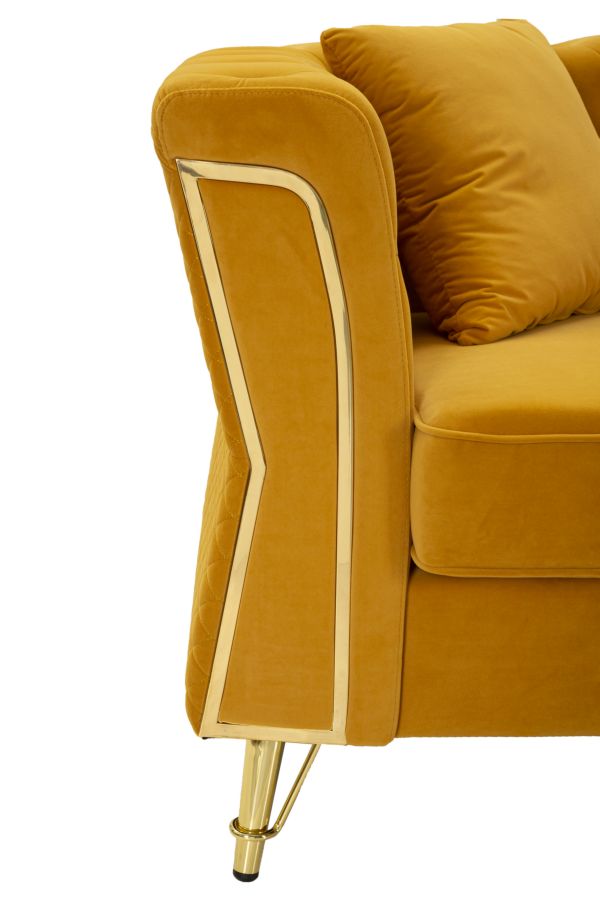 Samt Sofa Aurelia Senape 162 cm mit Kissen und Goldgestell