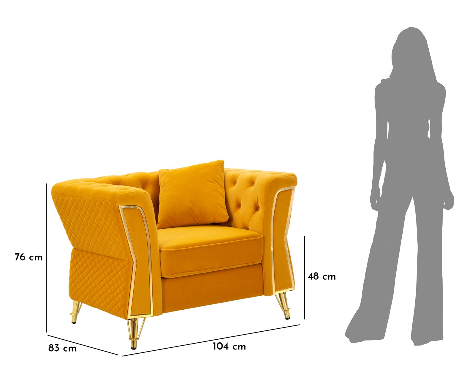 Sessel Emy Senape 104 cm Samt mit Goldgestell und Kissen