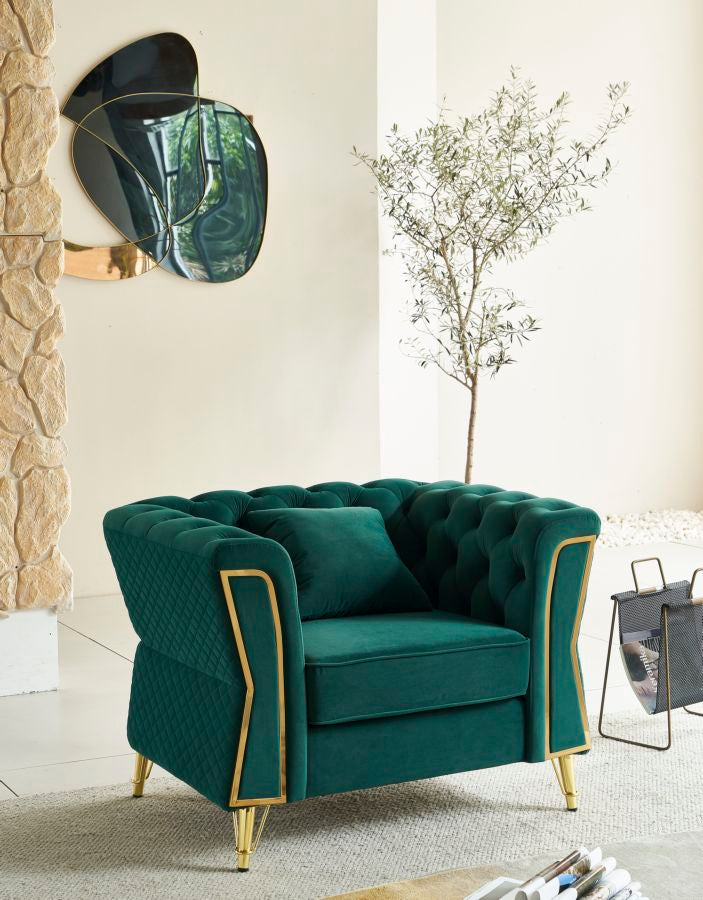 Sessel Emy Verde 104 cm Samt mit Goldgestell und Kissen
