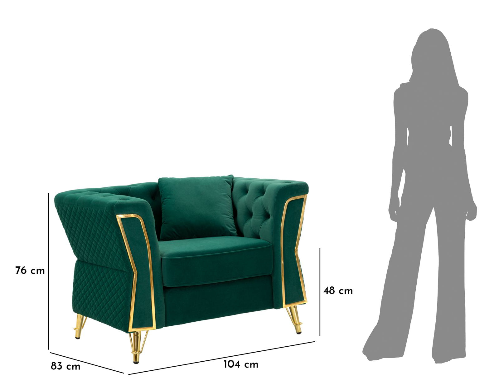 Sessel Emy Verde 104 cm Samt mit Goldgestell und Kissen