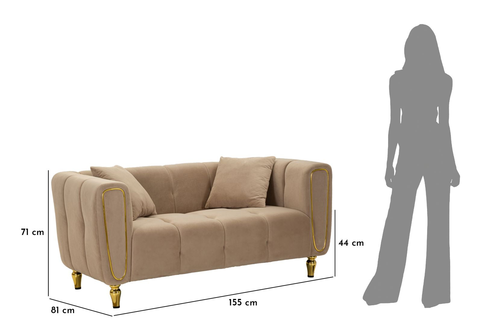 Samt Sofa Alma Grigio 155 cm mit Kissen und Goldfüßen