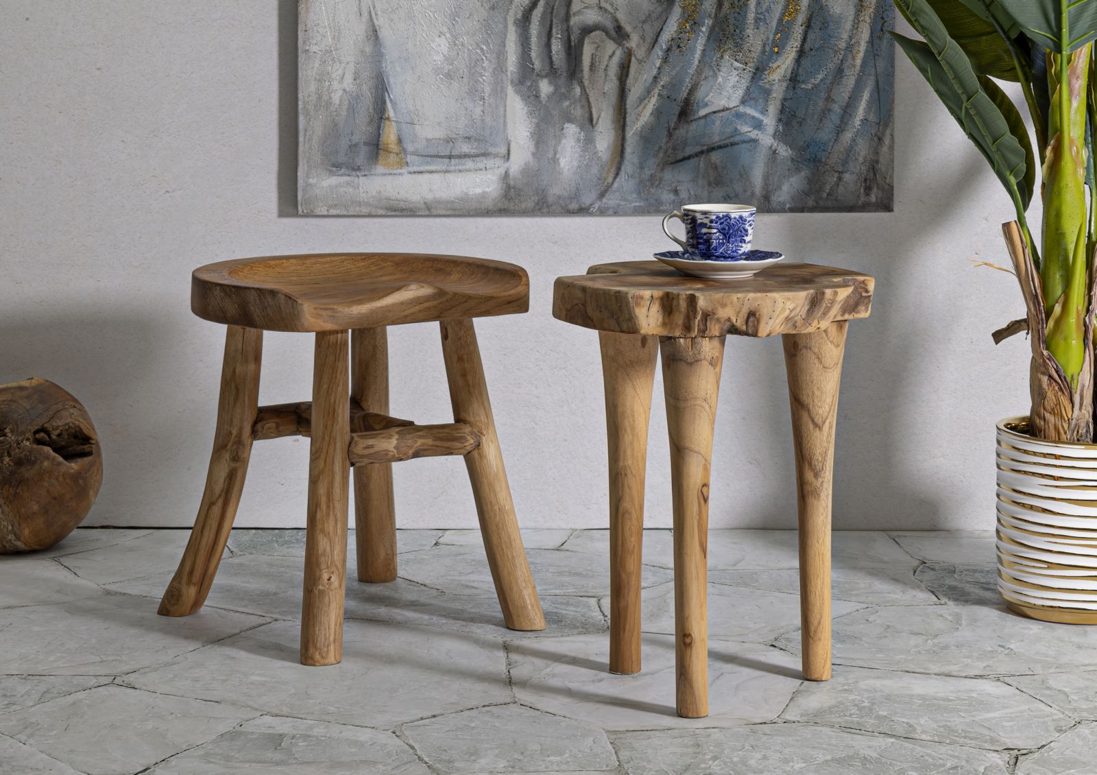Hocker Sel Teak Holz Boho Chic Natur Handgefertigt Unikat