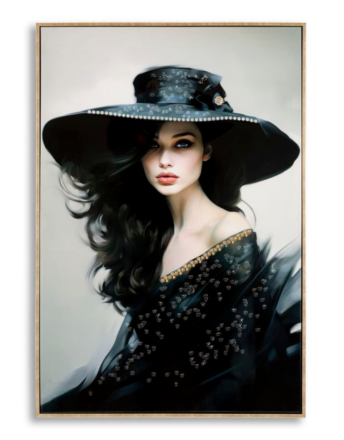 Dori Noire wall picture 62x92 cm – Glamorous woman in black with hat on canvas