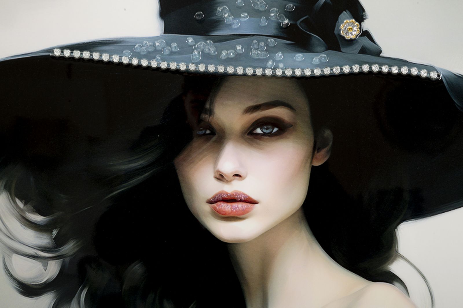 Dori Noire wall picture 62x92 cm – Glamorous woman in black with hat on canvas