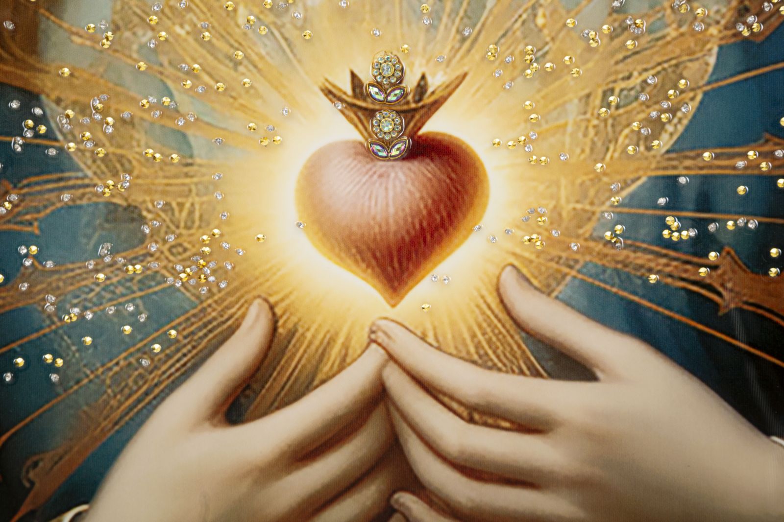 Madonna Aurelia mural 72x102 cm with crystal stones and Sacred Heart on canvas