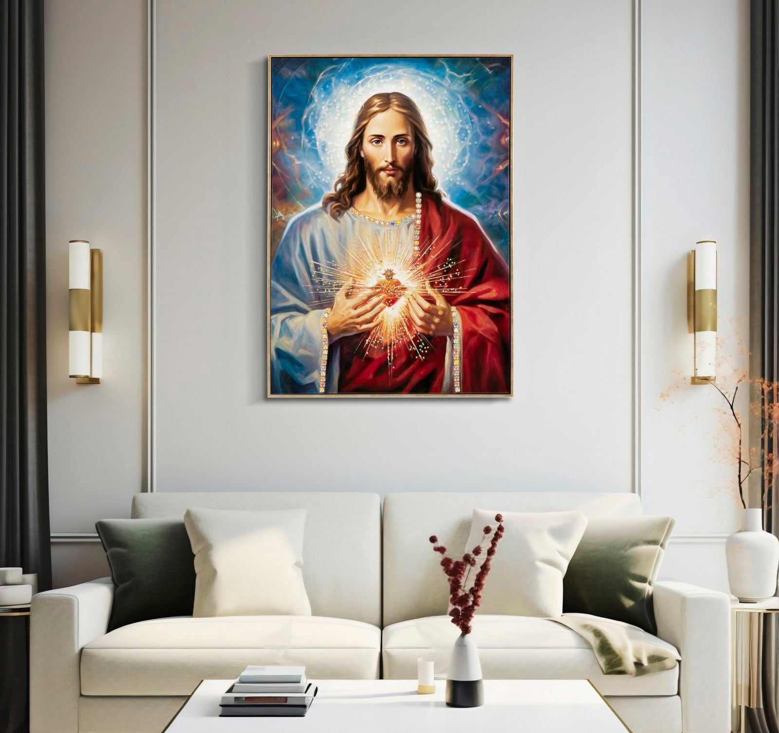 Jesus Salvator mural 72x102 cm with crystal stones and Sacred Heart on canvas