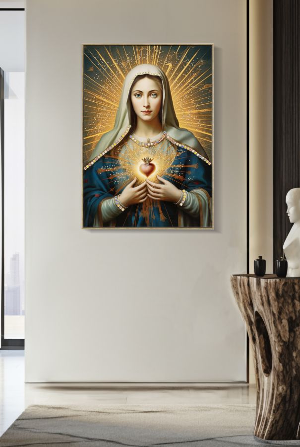 Madonna Aurelia mural 72x102 cm with crystal stones and Sacred Heart on canvas