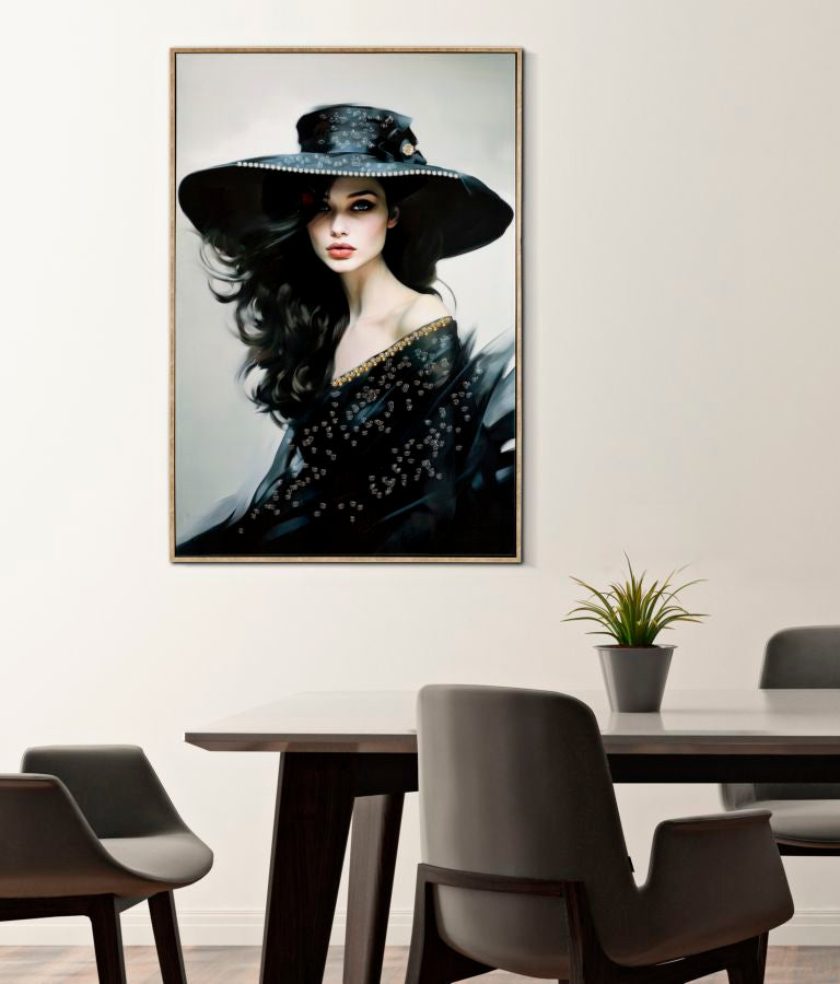 Dori Noire wall picture 62x92 cm – Glamorous woman in black with hat on canvas