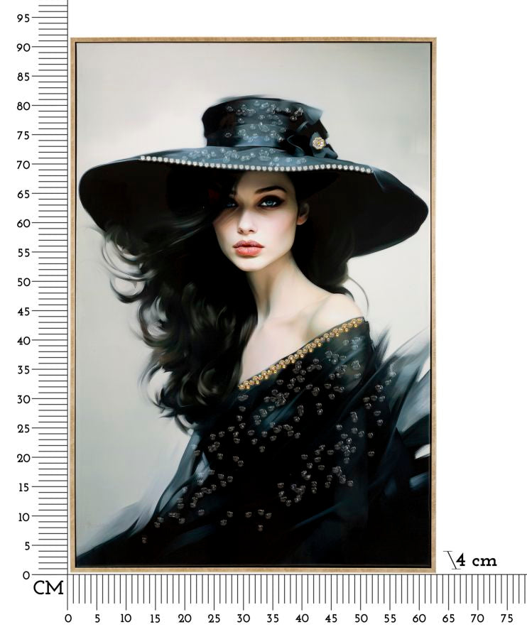 Dori Noire wall picture 62x92 cm – Glamorous woman in black with hat on canvas