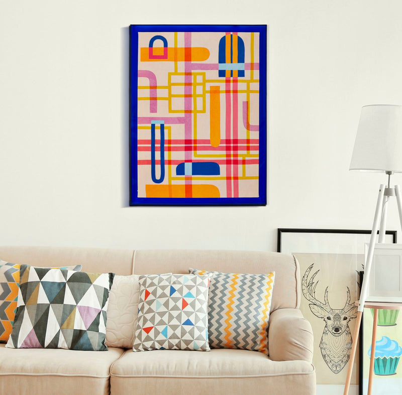 Laccato Modis Acryl Wandbild mit Rahmen – Abstrakte Linienkunst Blau 60x80 cm