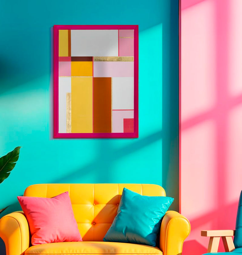 Acryl Wandkunst Laccato Pink mit Rahmen – Geometrisches Leinwandbild 60x80 cm