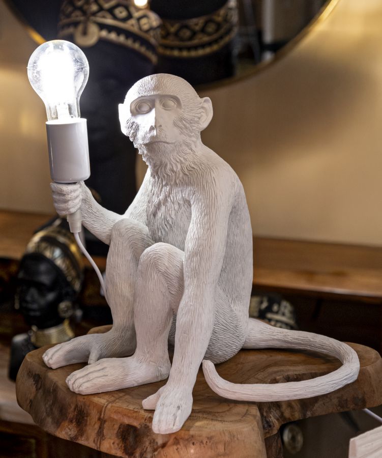 Tischlampe Monkey Weiß 33cm Sitzende Affenfigur Aus Kunstharz Lampe