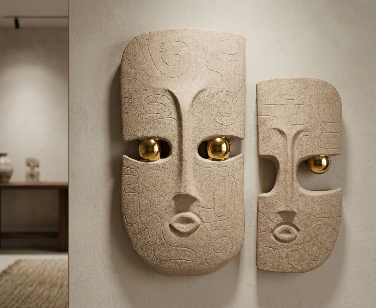 Dakar Masken Wanddeko 2er Set Keramik Beige Gold