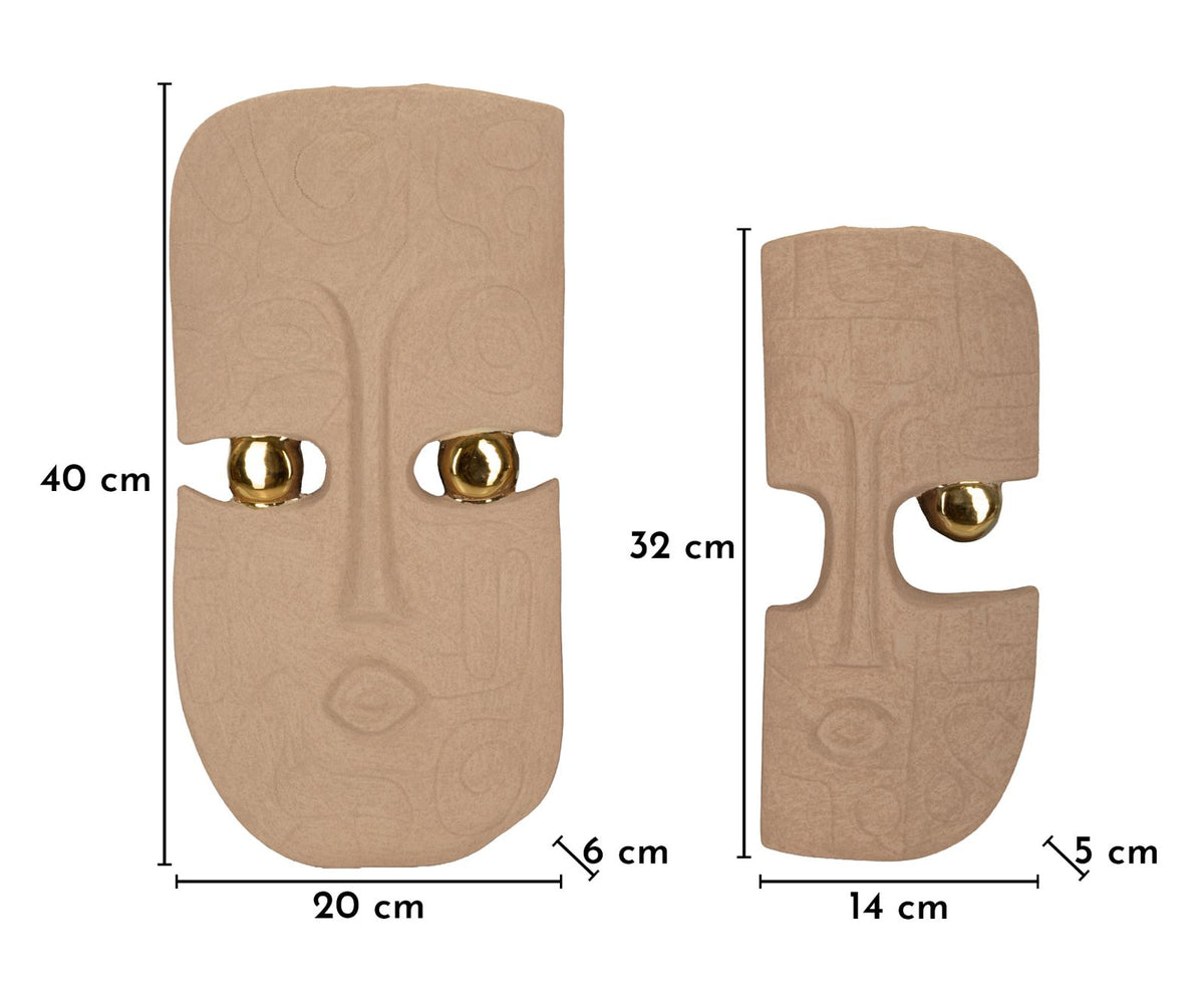 Dakar Masken Wanddeko 2er Set Keramik Beige Gold