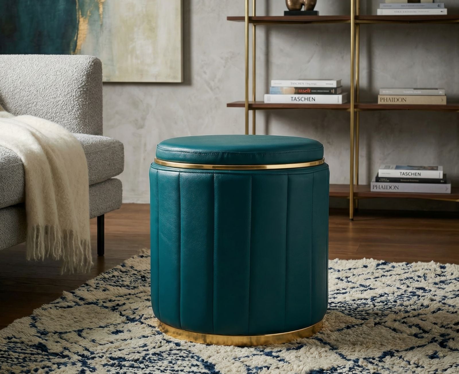 Sitzhocker London Petrol mit Stauraum moderner Polsterhocker